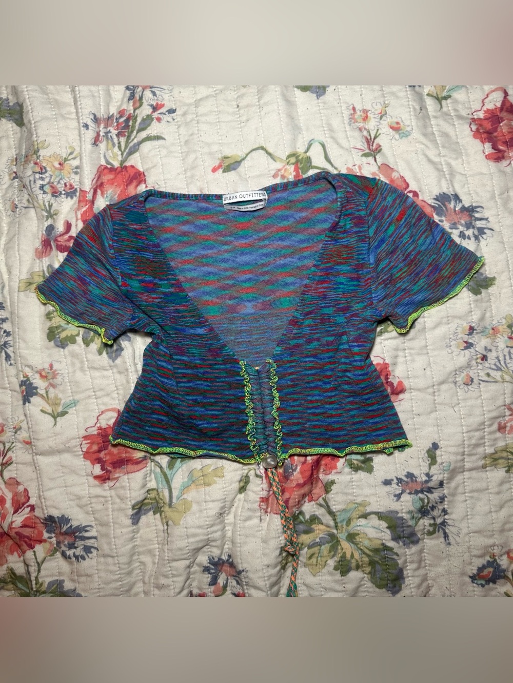 Urban Outfitters Teal-Green-Coral Knit Tie-Front Crop Top
